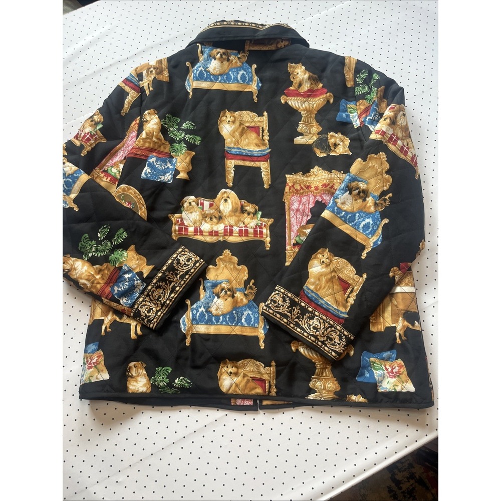 Vtg Victor Costa Occasion 100% Silk Quilted Dog Print Jacket Baroque Zip Small - Picture 12 of 14